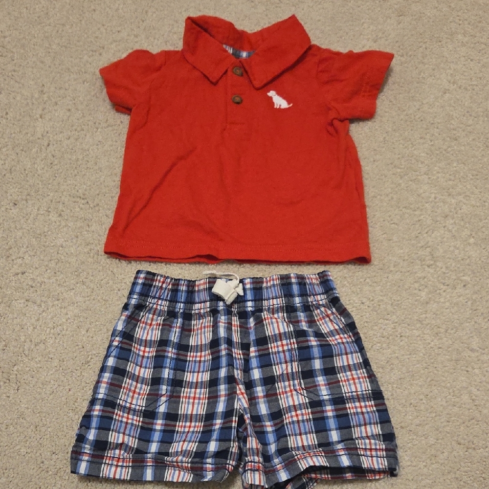 Baby Red Polo Shirt and Plaid Shorts Set